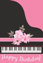 Vertical greeting card `Happy birthday`. Black grand piano decorated with pink ribbon and bouquet of tender garden flowers. Royalty Free Stock Photo