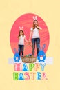 Vertical greeting collage two people mother daughter hands together wear bunny headband basket easter eggs gingerbread Royalty Free Stock Photo