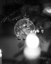 Vertical greyscale shot of a transparent bauble