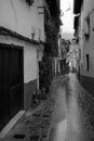 Vertical greyscale of a typical street in the old Jewish quarter of Hervas, Extremadura in Spain