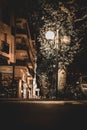 Vertical ground-level shot of a street in Saint Jean De Luz at night