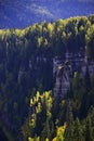 Vertical gypsum outlier Devil`s Finger next to the rocks of Usvinskie Pillars