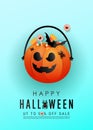 Vertical halloween horror story with orange scary pumpkin face, colored candies, bats on a blue background