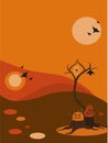 Vertical halloween scene. Pumpkins on stumps, autumn tree without leaves, spider on a web, bats. Autumn landscape, orange, red and Royalty Free Stock Photo