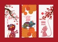 Vertical Hand Drawn Banners Set with Chinese New Year Rat. Chinese characters mean Happy New Year Royalty Free Stock Photo