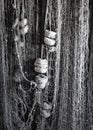 Vertical hanging fishing nets with cork floats Royalty Free Stock Photo
