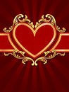 Vertical heart-shaped red banner with gold filig