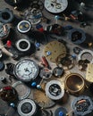 Vertical high angle shot of parts of dismantled watches on a gray surface