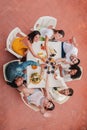 Vertical high angle top view of a group of best friends toasting wine glasses smiling and looking up to the camera