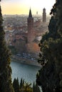 Vertical high angle view of historic buildings near the river in Verona, Italy