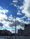 Vertical of the Hungarian flag on the streets of Budapest, in front of the Parliament in Hungary