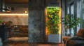 A vertical hydroponic garden inside a modern apartment, glowing with LED lights, showcasing urban farming solutions