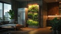 A vertical hydroponic garden inside a modern apartment, glowing with LED lights, showcasing urban farming solutions