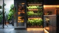 A vertical hydroponic garden inside a modern apartment, glowing with LED lights, showcasing urban farming solutions