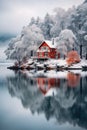 vertical idyllic landscape small red wooden house on the lake in the winter snowy forest Royalty Free Stock Photo