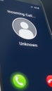 Vertical illustation of a smartphone with an incoming call with unknown number (No Caller ID