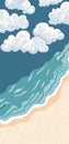 Vertical illustration capturing blue ocean waves crashing onto a sandy beach, framed by fluffy white clouds, creating a Royalty Free Stock Photo