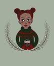 charming Christmas girl of African nationality with red hair in a warm green sweater, smiles and holds a delicious cocoa with