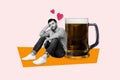 Vertical illustration collage of young depressed man thoughts about his broken heart love drunk beer glass isolated on Royalty Free Stock Photo