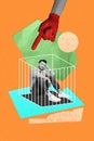 Vertical illustration collage of young funny guy stressed sitting in trap birdcage when boss finger abuse isolated on Royalty Free Stock Photo