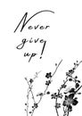 Vertical illustration with encouraging words and black flowers on white background