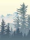 Vertical illustration of foggy forest mountains.