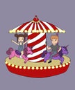 happy young couple ride on colorful carousel on funny unicorns at the fair on purple background. the guy shoots the girl on the Royalty Free Stock Photo