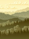 Vertical illustration of misty coniferous forest hills with clouds Royalty Free Stock Photo