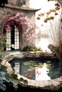 Vertical Illustration in an oriental vintage style. Chiness garden with a pond and a blossom plants. Watercolor painting