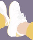 Vertical illustration of a pair of feet wearing sneakers and pants on a violet background