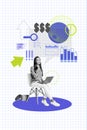 Vertical illustration poster sitting young lady businesswoman build strategy reach success profit income drawing