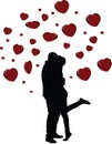Vertical illustration of a silhouette of a couple holding each other with red hearts flying around