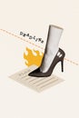 Vertical illustration sketch collage of female bossy footwear stilettos step on paper plan deadline isolated on beige
