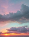 Vertical illustration of a the tranquil landscape wisps of clouds paint the evening sky illuminated by the warm embrace of the