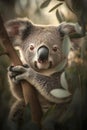 vertical image adorable koala holding tightly onto tree limb, with peaceful eucalyptus background Royalty Free Stock Photo