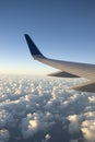 Vertical Image of Airplane Wing over Clouds Viewed form the Cabin