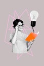 Vertical image artwork pop trend collage of happy student girl hold book light bulb idea finding reader bookworm hobby Royalty Free Stock Photo