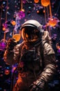 vertical image of astronaut in a space suit and helmet in a bar with a glass of cocktail