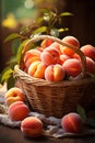 vertical image of basket full of ripe sweet peaches on a rustic blurred background