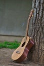 Vertical image of a broken acoustic guitar leaning on a tree Royalty Free Stock Photo