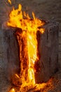 Vertical image of a burning log creating a fiery background Royalty Free Stock Photo
