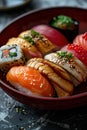 vertical image closeup assorted set of delicious appetizing sushi and roll