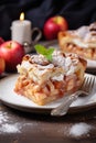 vertical image closeup of a piece of delicious homemade sweet apple pie on rustic background