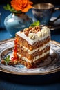 vertical image closeup of a piece of delicious homemade sweet carrot cake