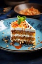 vertical image closeup of a piece of delicious homemade sweet vegan carrot cake on blue plate