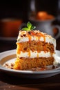 vertical image closeup of a piece of delicious homemade sweet vegan carrot cake on rustic background