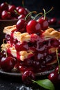 vertical image closeup of a piece of tasty homemade sweet cherry pie on rustic background