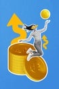 Vertical image collage of happy cheer girl jump stack coin arrow up success forward profit income rich aim isolated on Royalty Free Stock Photo