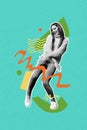 Vertical image collage of happy cheer girl nightlife wear stylish jeans pullover cloth dance club disco isolated on Royalty Free Stock Photo