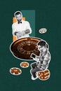 Vertical image collage of two guys one croupier hold cards choose other sit cube hold combination table poker isolated